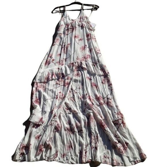 Cotton Candy Boho Romantic Feminine Floral Raw‎ Hem High Slit Maxi Dress Sz M - Picture 1 of 16